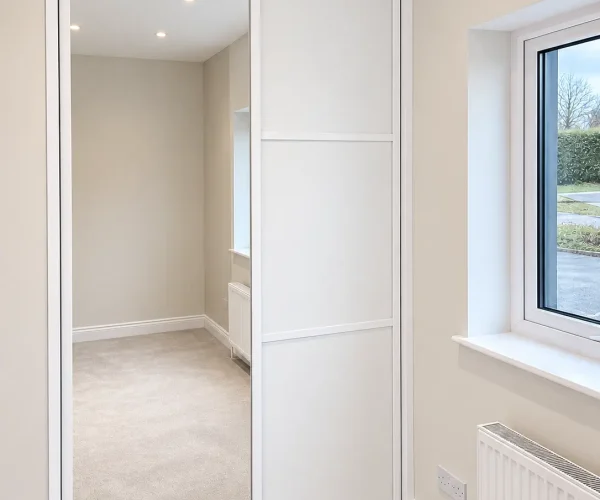 Modern white fitted wardrobe with minimalist sliding doors, designed for a bright contemporary bedroom.