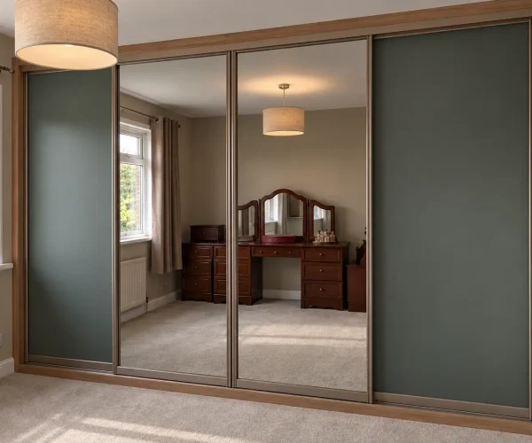Bespoke green sliding wardrobe with mirrored doors and woodgrain detailing in a modern bedroom.