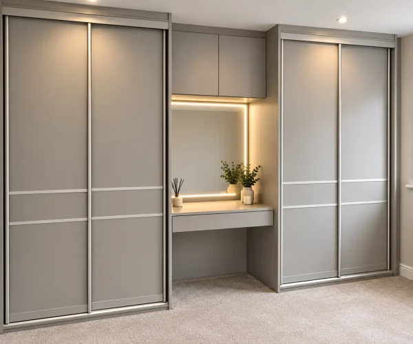 Modern grey fitted sliding wardrobe with integrated dressing table, illuminated mirror and bespoke bedroom storage.