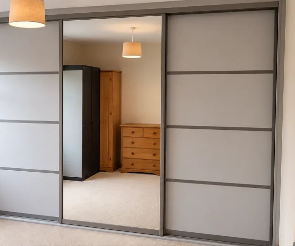 Light grey sliding wardrobe doors with horizontal panel divisions and slim dark frames, fitted across a bedroom wall.