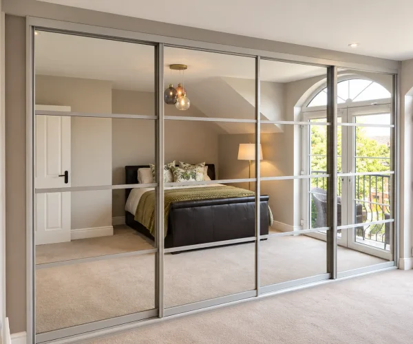 Contemporary sliding wardrobes with full-length mirrored doors and slim silver frames, reflecting a bright bedroom with French doors.