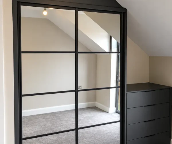 Black framed sliding wardrobe with mirrored and white panels, fitted beneath a sloping ceiling with matching dark drawers.
