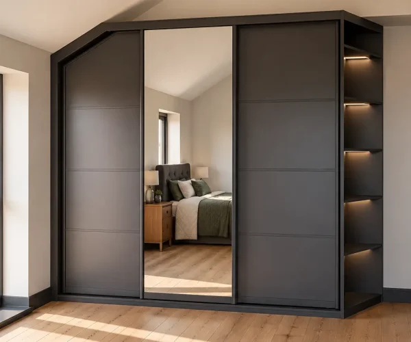 Open shelves on end of angled wardrobe