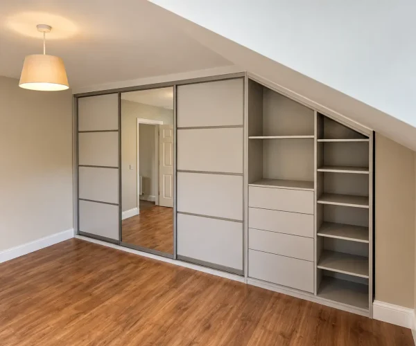 Bespoke slopped wardrobe with white sliding doors, central mirrored panel and open shelving, designed to fit beneath a sloping ceiling.