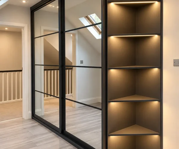 Black-framed mirrored sliding wardrobe doors beside open shelving with warm integrated LED lighting in a modern attic room.