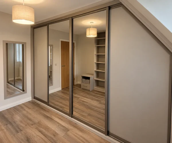 Bespoke fitted sliding wardrobe with mirrored doors and angled ceiling, designed and installed by Fusion Robes.