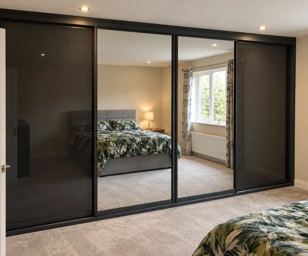 Contemporary sliding wardrobes with black frames, full-length mirrored doors and dark grey panels reflecting a bedroom interior.