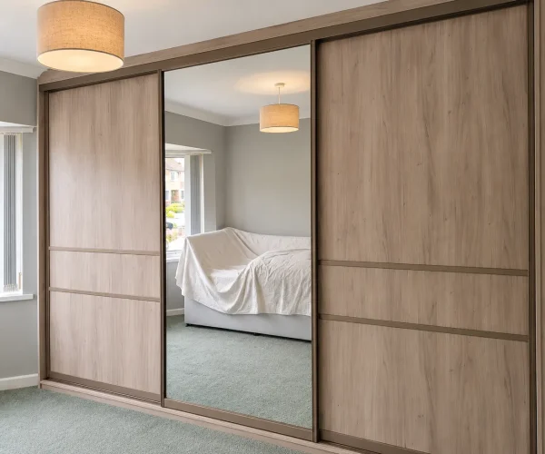 Light oak-effect sliding wardrobes with horizontal panel detailing and a central full-length mirrored door in a bedroom.