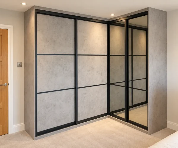 Modern corner sliding wardrobes with concrete-effect door panels and slim black frames, fitted around two bedroom walls.