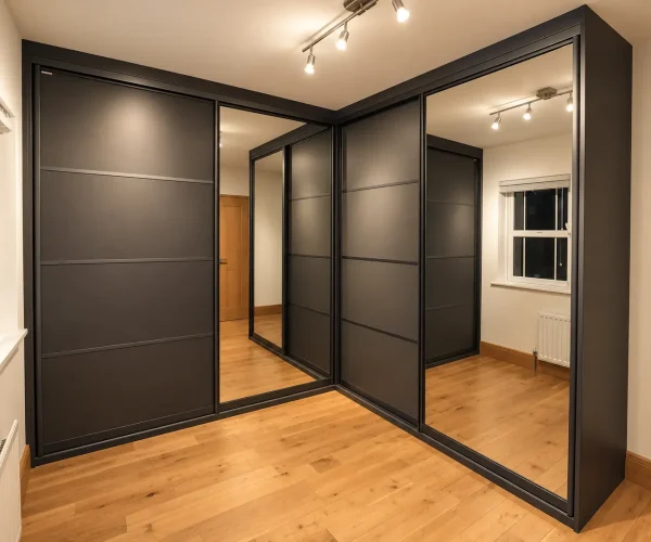 Contemporary black sliding wardrobes with horizontal panel detailing and mirrored doors, designed around a bedroom corner.