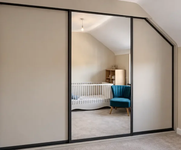 Contemporary sliding wardrobe with full-length mirrored doors and black frames in a bright nursery bedroom.