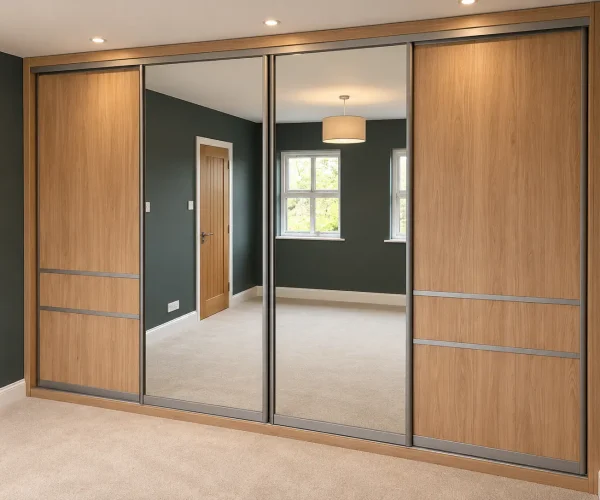 Oak-effect sliding wardrobes with two full-length mirrored doors and woodgrain panels in a modern bedroom.