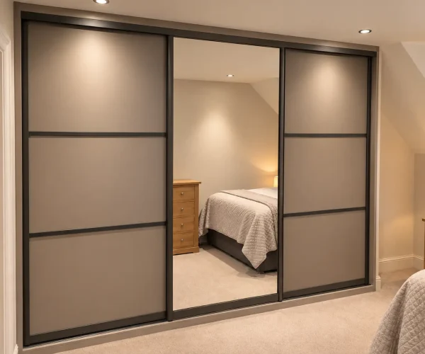 Modern taupe sliding wardrobes with dark horizontal frame detailing and a central full-length mirrored door in a neutral bedroom.