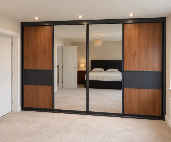 Modern sliding wardrobes combining walnut wood-effect panels, charcoal horizontal bands and central full-length mirrored doors.
