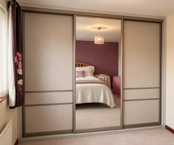 Cream sliding wardrobe doors with horizontal detailing and a central full-length mirrored section reflecting a bedroom with a pink feature wall.